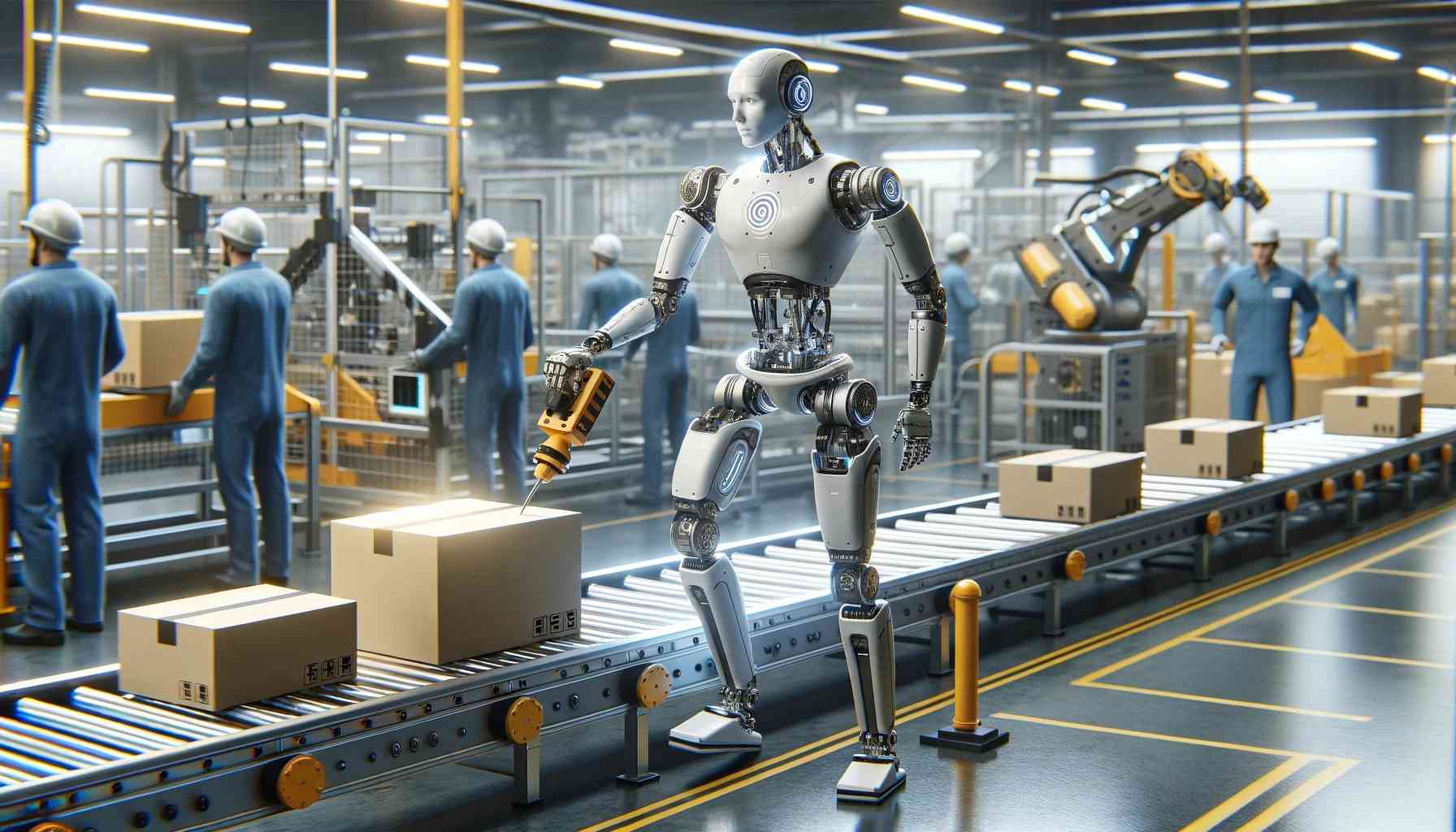 Humanoid robots inside warehouse with conveyor belt.