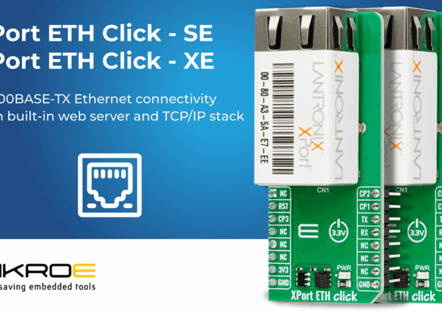 Providing Ethernet connectivity for embedded systems, XPort ETH Click is a compact add-on board from MIKROE, an embedded solutions company