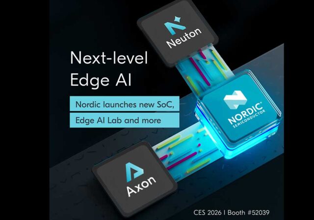 Nordic Semiconductor is bringing AI intelligence and functionality to the smallest battery-powered IoT devices. With an industry-leading, ultra-low-power Edge AI solution, Nordic accelerates the arrival of a new generation of devices with integrated edge AI intelligence – combining energy efficiency with unmatched ease of use for developers. - nRF54LM20B – New ultra-low-power, large-memory wireless SoC with Axon NPU - Custom Neuton models – ultra-tiny edge AI models - Nordic Edge AI Lab – Development tool, simplifying and accelerating Edge AI development “AI factories train intelligence, but Nordic deploys it – on device, at the edge, where the world happens - said Vegard Wollan, CEO at Nordic Semiconductor. “Edge AI is no longer optional – it’s the only way to deliver safety, privacy, and sustainability at scale. Nordic’s edge AI solution enables millisecond decisions without round-trip latency to the cloud, ensures compliance through local processing, and delivers radically improved battery life for billions of connected devices. This is the new standard for ultra-low-power edge AI and Nordic is defining it.” Next generation nRF54LM20B with Axon NPU In 2023, Nordic acquired Atlazo and its Axon technology. The nRF54LM20B SoC is the first large-memory member of the nRF54L Series, integrating the Axon Neural Processing Unit (NPU), an ultra-efficient AI hardware accelerator, to supercharge demanding Edge AI workloads. Axon delivers up to 7 times faster performance and up to 8 times higher energy efficiency versus competing solutions for tasks such as sound classification, keyword spotting, and image-based detection. The nRF54LM20B SoC pairs the Axon NPU with 2MB NVM, 512KB RAM, a 128MHz Arm Cortex-M33 plus RISC-V coprocessor, high-speed USB, up to 66 GPIOs, and Nordic’s fourth-generation ultra-low-power 2.4GHz radio supporting Bluetooth LE, Bluetooth Channel Sounding, Matter over Thread, and more. Industry-leading ultra-tiny Neuton Edge AI models The Neuton models are ultra-tiny, CPU-run edge AI models that are typically under 5KB and up to 10 times smaller, faster, and more efficient than other CPU-run models. Nordic Edge AI Lab helps developers generate custom Neuton models for anomaly detection, activity and gesture recognition, biometric monitoring, and more – delivering privacy-preserving, real-time intelligence on tiny batteries and constrained memory, without cloud dependency. Edge AI becomes a natural part of any new product design With Nordic Edge AI Lab and Neuton models, intelligence moves from concept to reality without complexity. One recent deployment illustrates this: A global supply chain solution upgraded its smart tracking devices with AI models created in Nordic Edge AI Lab effortlessly, enabling detection of real handling events such as shock, shaking, and transportation directly on an nRF54L Series SoC. These AI-driven insights were rolled out across an entire fleet without operational disruption, thanks to Nordic’s nRF Cloud lifecycle services. “With Nordic Edge AI Lab, Neuton models, and the Axon NPU, Nordic makes advanced on-device AI practical for every embedded developer,” said Oyvind Strom, EVP Short-Range BU at Nordic Semiconductor. “Developers get the simplicity to move fast, and the disruptive performance to scale from wearables to industrial sensing – all enabled within Nordic’s trusted ultra-low-power hardware solutions.” As intelligence moves to the Edge, the need for OTA management and deep observability is growing. At the same time, cloud-based lifecycle services remain critical for device management, embedded observability, and location services. Manufacturers increasingly need continuous insight into device performance – not just to improve products in real time, but to meet growing regulatory and customer requirements. Using data from deployed devices enhances features and optimises performance without disrupting the user experience. This ensures connected products can evolve securely and efficiently throughout their lifecycle.